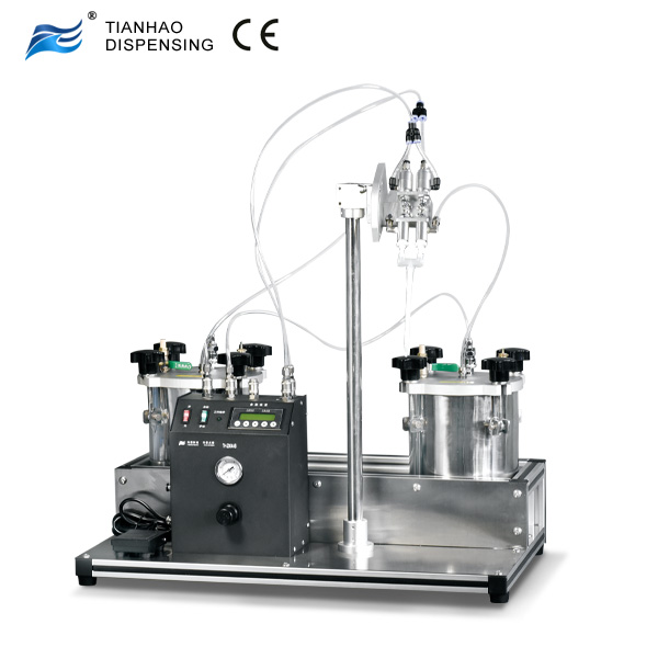 Epoxy dispensing machine with two component mixing/meter